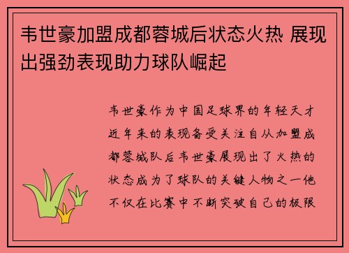 韦世豪加盟成都蓉城后状态火热 展现出强劲表现助力球队崛起